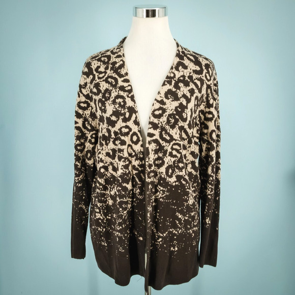 Chico's 3 Size XL Brown Tan Leopard Cheetah Animal Print Open Cardigan Sweater - Picture 1 of 6